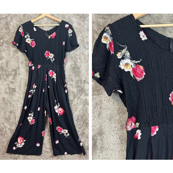 Vintage 80s 90s Jeffrey Dara Smocked Wide Leg Black Floral Romper Jumpsuit 12 - Picture 1 of 13